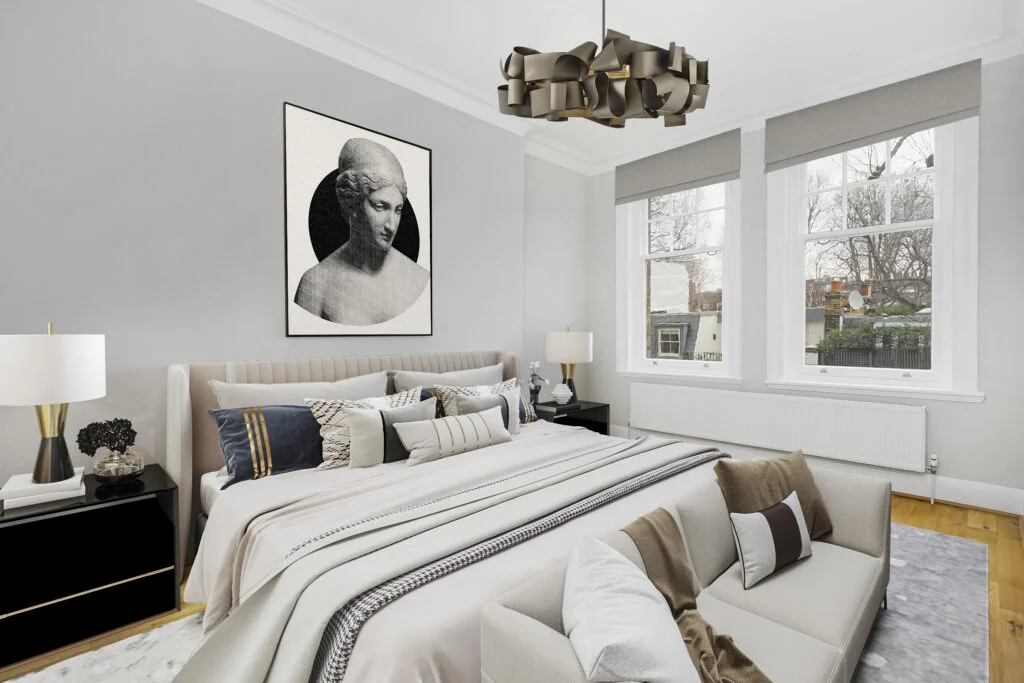 2D Virtual Home Staging Virtual Furnishing Example Bedroom Hornton Street W8 4NR Virtual Stage Property